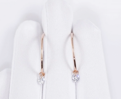 14K Solid Gold Diamond Drop Hoops Single Diamond Drop Earring. Cushionblue
