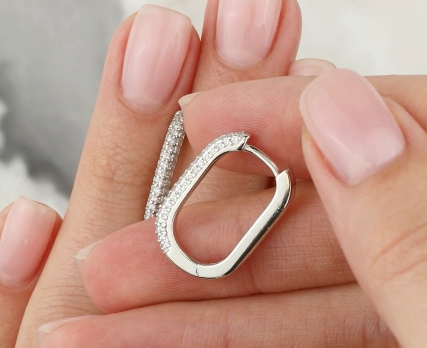 14K Gold Diamond Rectangle Hoop Earrings | Large Pave Paperclip Hoops | Geometric Gold Earrings | Gift for Her | Modern Hoop Earrings Cushionblue