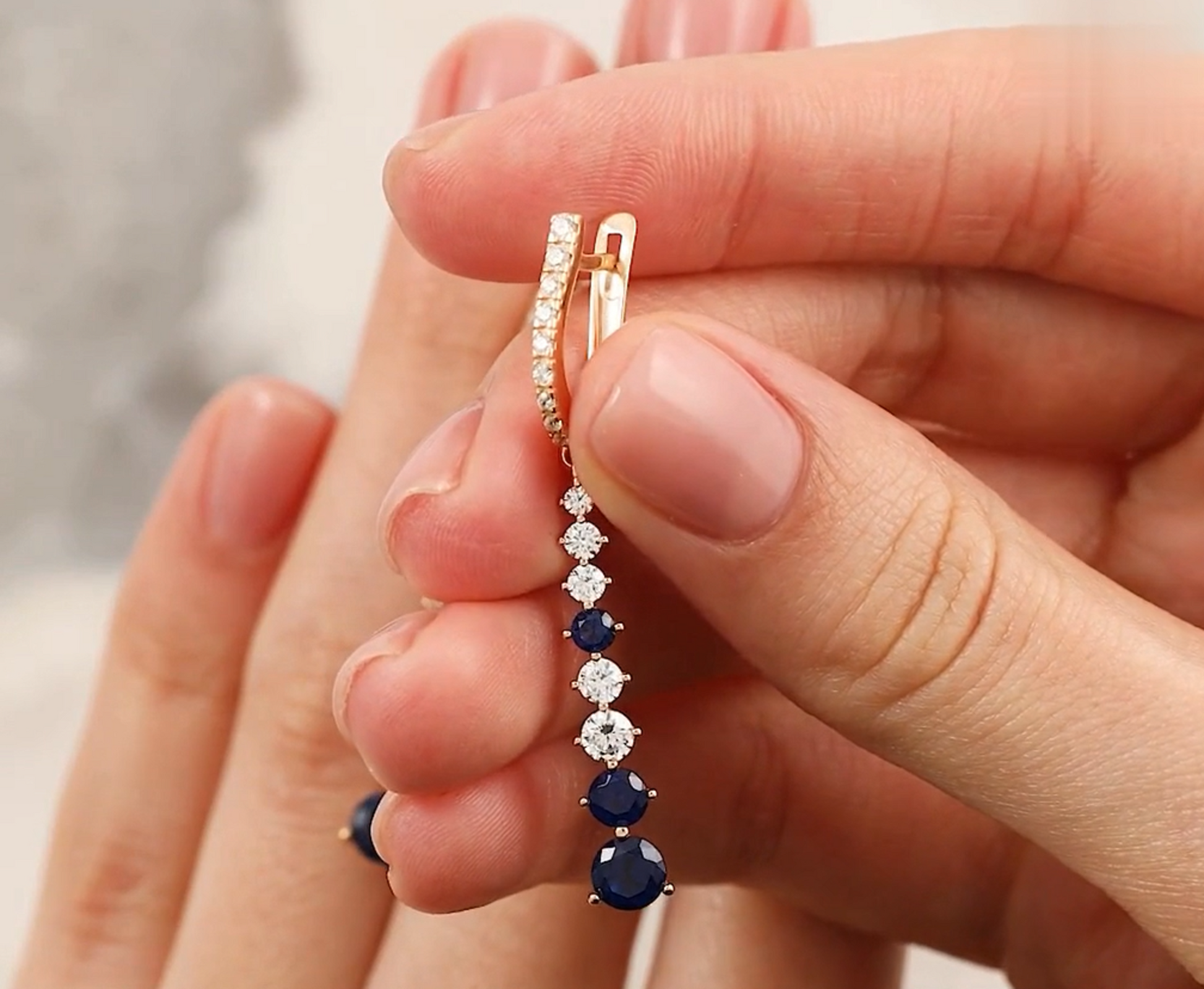 14K Gold Blue Sapphire Diamond Drop Earrings(0.35ct)Long Chain Earring. Cushionblue