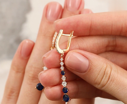 14K Gold Blue Sapphire Diamond Drop Earrings(0.35ct)Long Chain Earring. Cushionblue