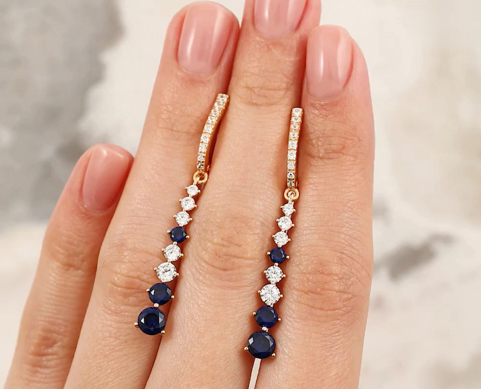 14K Gold Blue Sapphire Diamond Drop Earrings Cushionblue