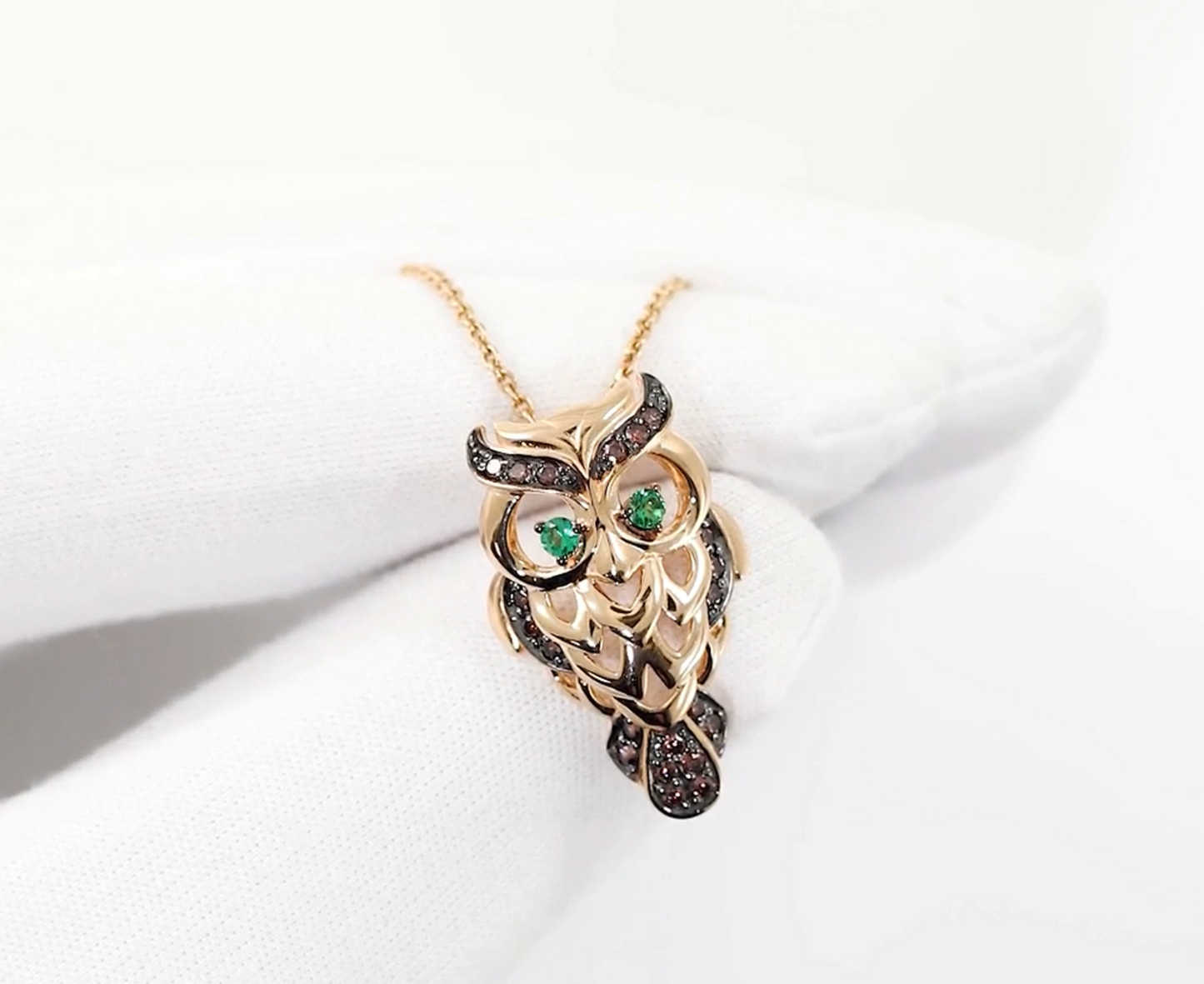 14k Rose Gold Lucky Owl Pendant,Owl Pendant Reddish Black Diamond & Emerald. Cushionblue