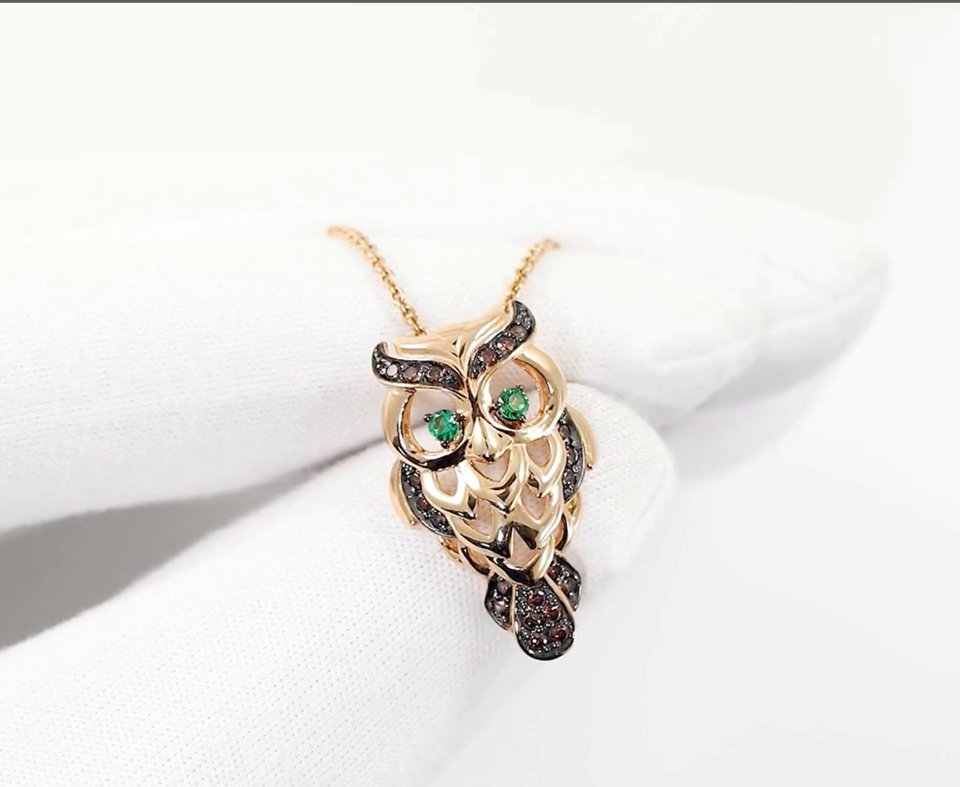 14k Rose Gold Lucky Owl Pendant,Owl Pendant Reddish Black Diamond & Emerald. Cushionblue