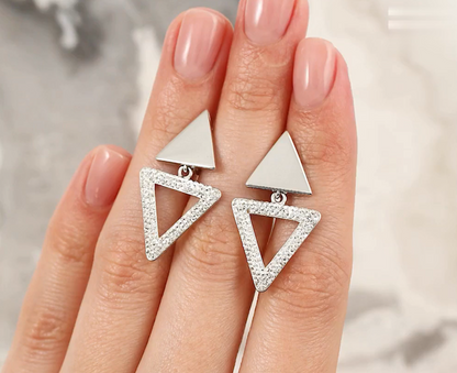 14k Gold Dangle Earring, Double Triangle Diamond. Cushionblue