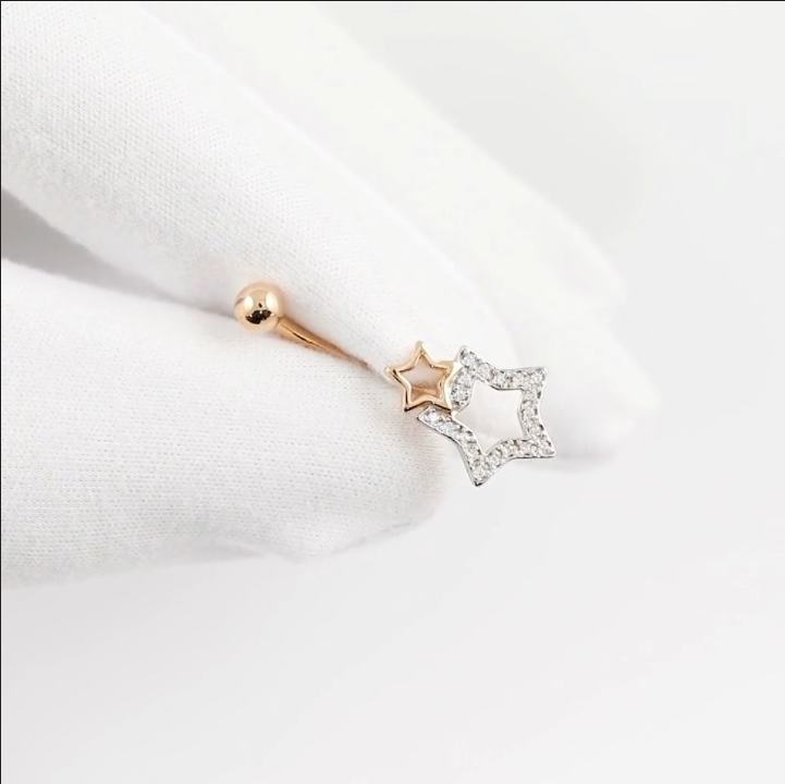 14k Gold Double Star Diamond Dangle Belly Ring | Star Navel Piercing Jewelry | Elegant Belly Button Ring Gift for Her. Cushionblue