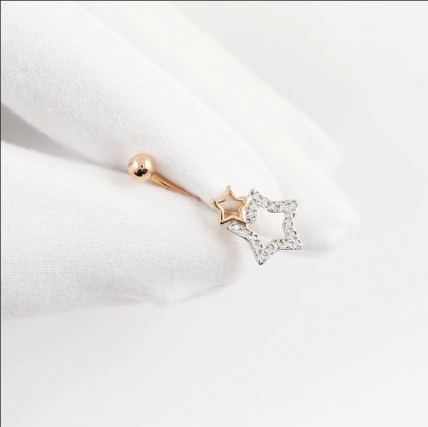 14k Gold Double Star Diamond Dangle Belly Ring | Star Navel Piercing Jewelry | Elegant Belly Button Ring Gift for Her. Cushionblue