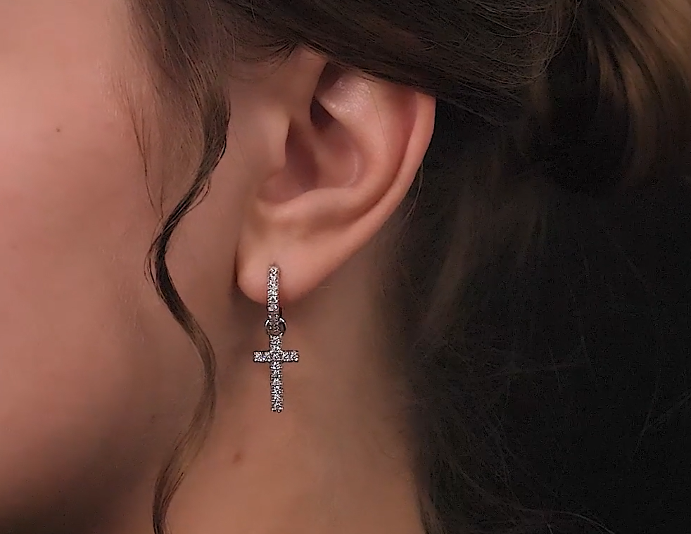 Luxury Diamond Cross Dangle Earrings – 14K Gold or Sterling Silver Huggie Hoops Cushionblue