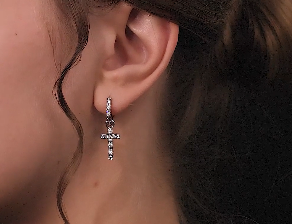 Luxury Diamond Cross Dangle Earrings – 14K Gold or Sterling Silver Huggie Hoops Cushionblue