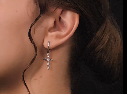 Elegant Cross Dangle Earrings, Baguette Diamonds, 14K White Gold Huggie Hoop. Cushionblue