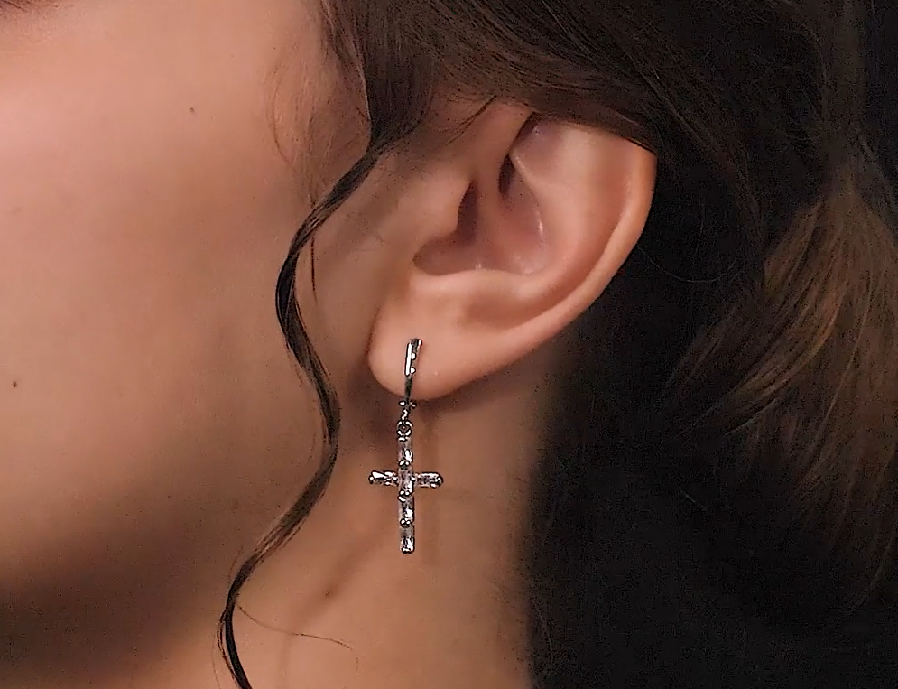 Elegant Cross Dangle Earrings, Baguette Diamonds, 14K White Gold Huggie Hoop. Cushionblue