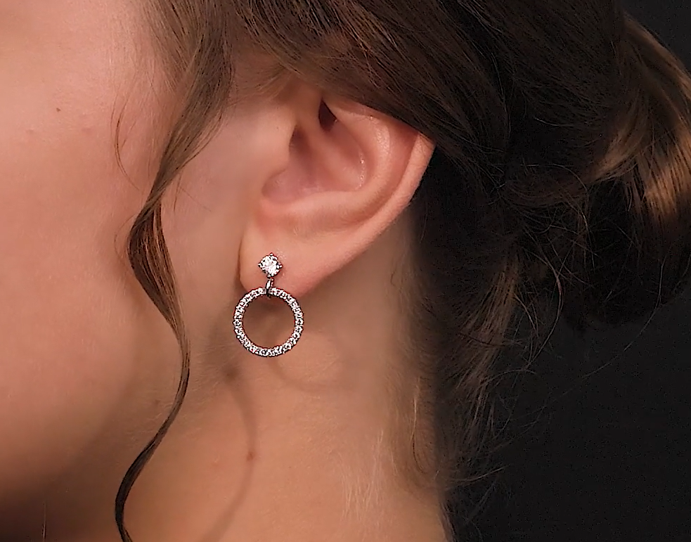 14K White Gold Diamond Cluster Circle Drop Earrings | Geometric Dangle Studs | Open Circle Earrings | Modern Wedding Jewelry | Gift for Women. Cushionblue