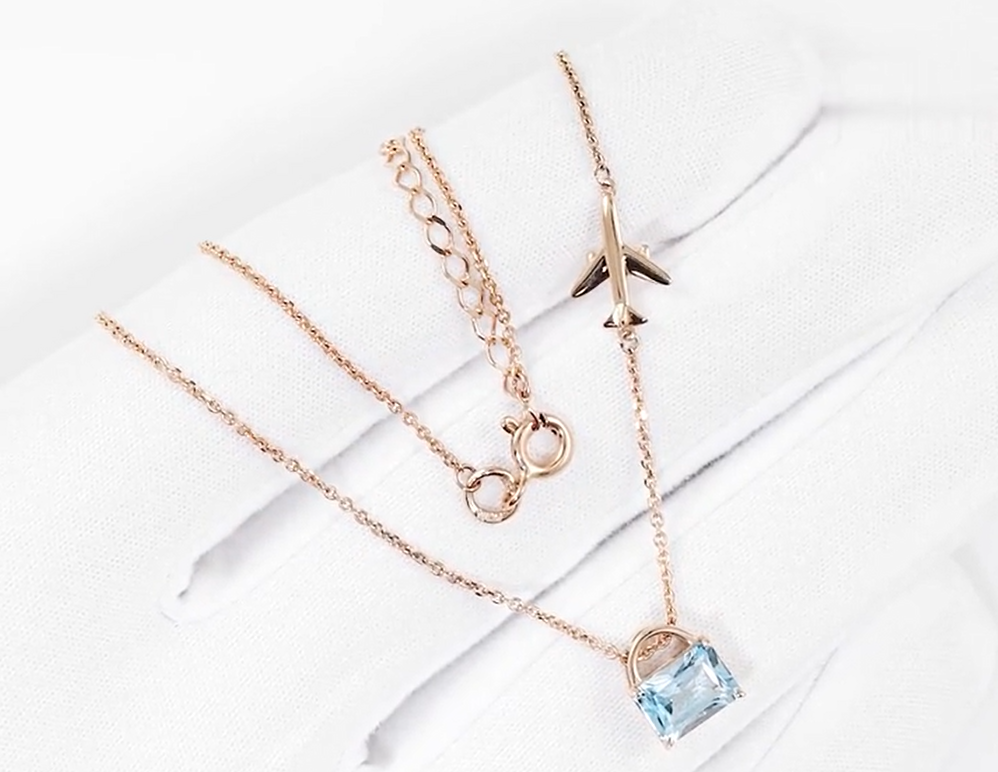 14K Gold Emerald Cut Sky Topaz Pendant | Solitaire Topaz Necklace | Airplane Charm Pendant,  | Flying High Necklace | Birthday Gift for Her. Cushionblue