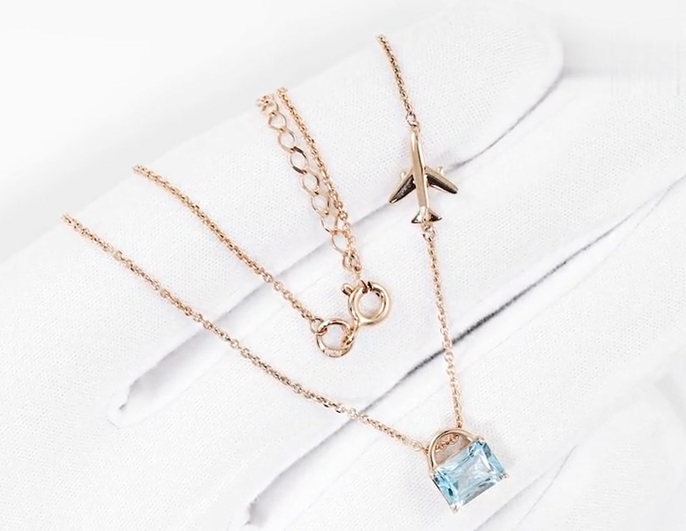 14K Gold Emerald Cut Sky Topaz Pendant | Solitaire Topaz Necklace | Airplane Charm Pendant,  | Flying High Necklace | Birthday Gift for Her. Cushionblue