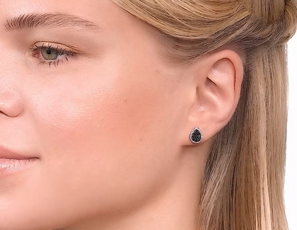14K Gold Black Diamond Teardrop Earrings, Pear-Shaped Halo Studs for Women. Cushionblue