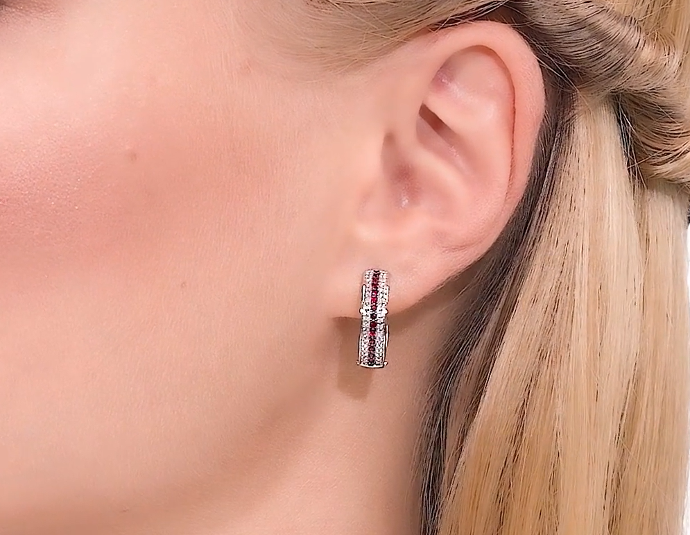 14K Gold Pink Ruby Clicker Earring | Minimalist Hoop Earring | July Birthstone Jewelry | Gift for Mom | Dainty Ruby Hoop. Cushionblue