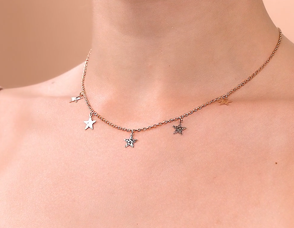 14k Solid Gold Star Dangle Choker Necklace | Tiny Star Station Necklace | Celestial Jewelry for Astrology Lovers, Gift for Her. Cushionblue