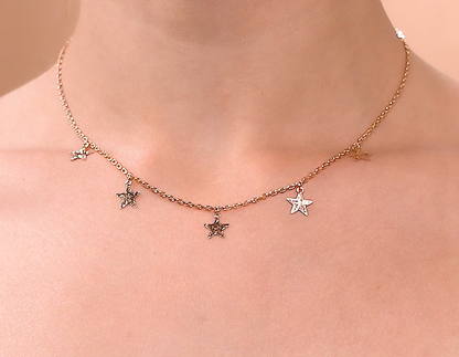 14k Solid Gold Star Dangle Choker Necklace | Tiny Star Station Necklace | Celestial Jewelry for Astrology Lovers, Gift for Her. Cushionblue