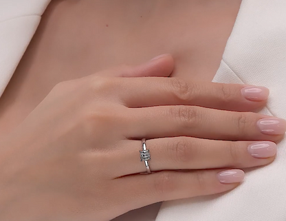 14k Solid Gold Baguette Diamond Ring | Three Stone Minimalist Band | Dainty Wedding or Stacking Ring for Her. Cushionblue