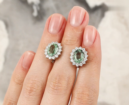 14K Gold Prasiolite Hoop Earrings | Oval Gemstone with Diamond & Tourmaline Halo | Vintage-Inspired Unique Jewelry Gift for Her. Cushionblue