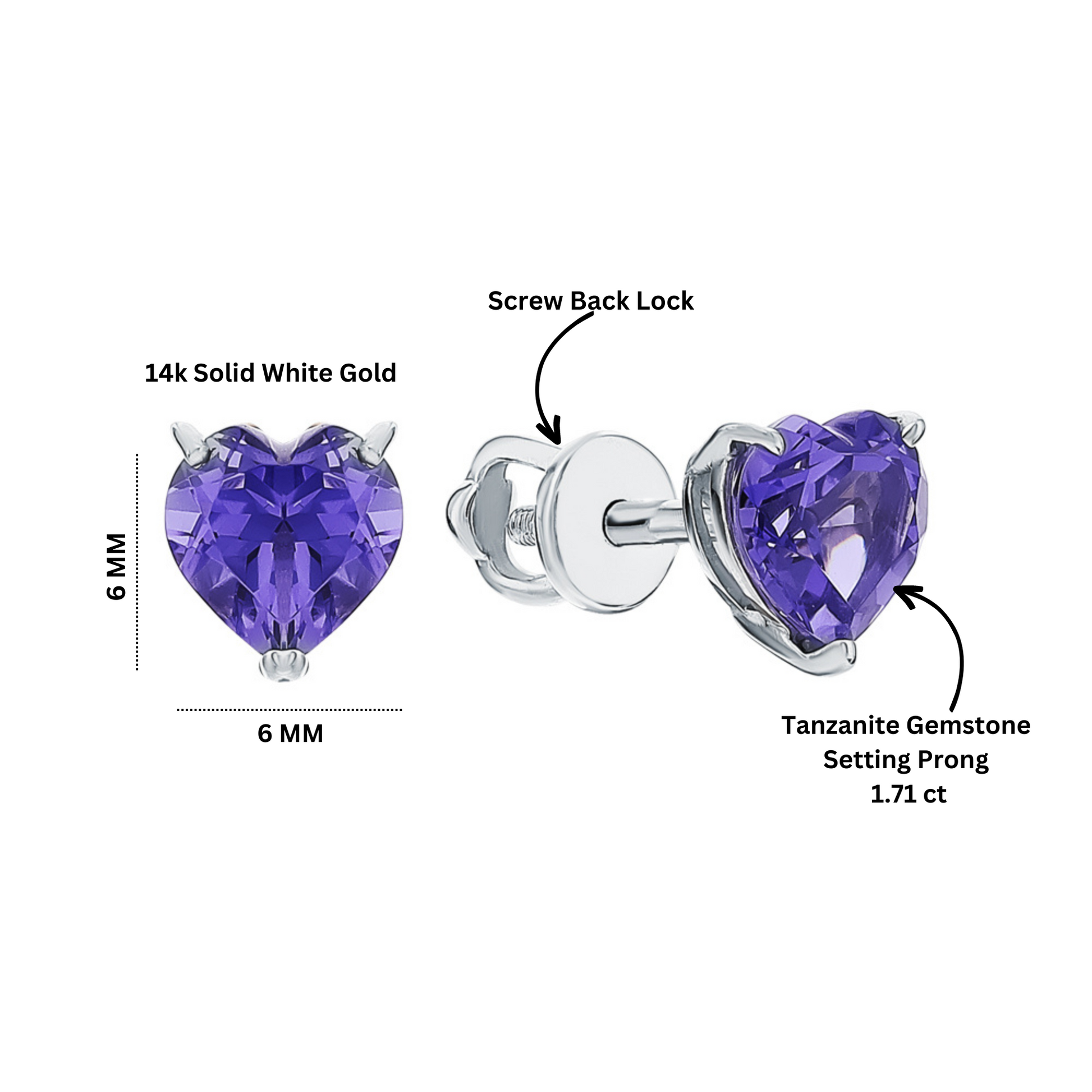 14k Heart Tanzanite Stud,Purple Gemstone Earring Heart Shape Tanzanite Earring. Cushionblue
