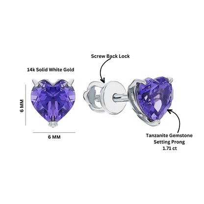 14k Heart Tanzanite Stud,Purple Gemstone Earring Heart Shape Tanzanite Earring. Cushionblue