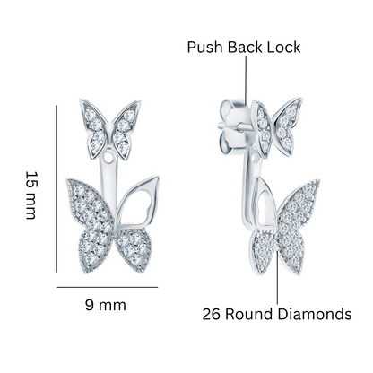 Butterfly Jacket Diamond Earrings, 14k Gold Butterfly Stud Earrings. Cushionblue