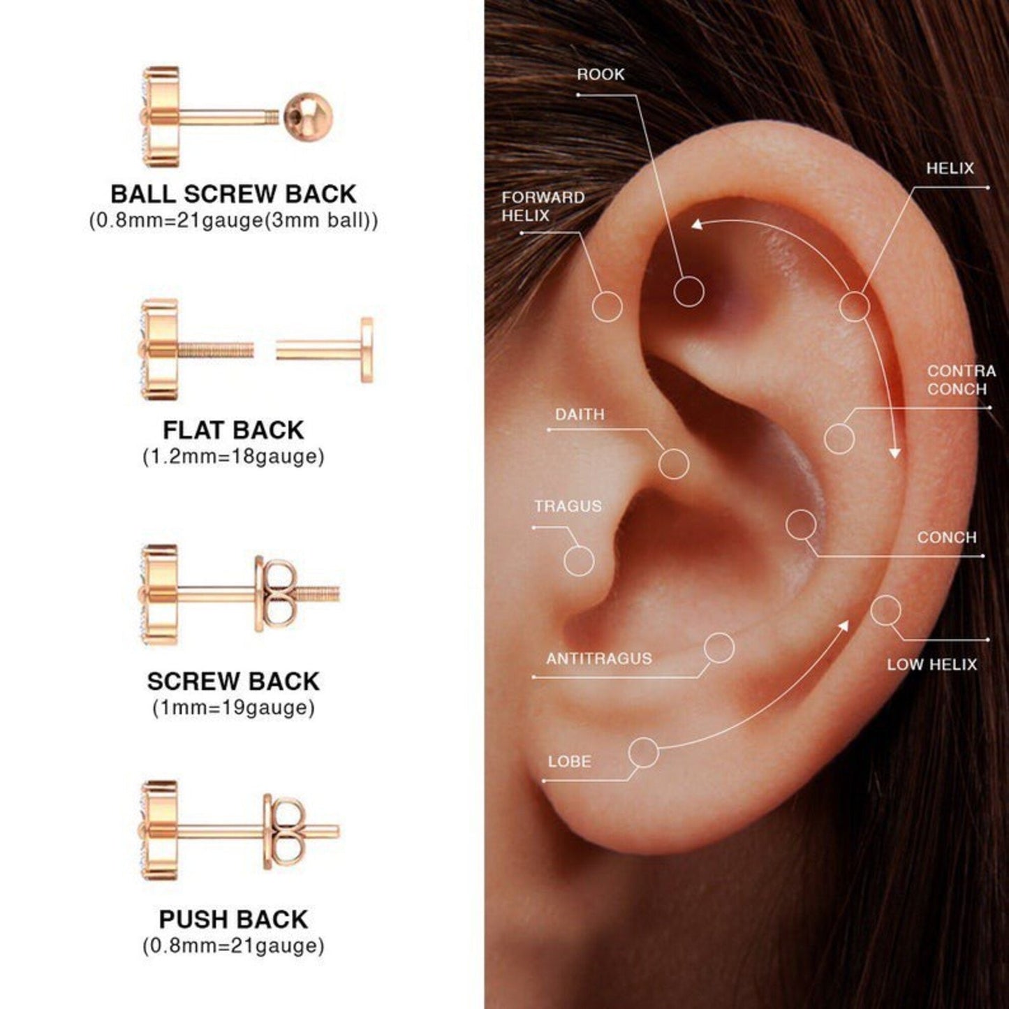 16g 14k Solid Gold Climber Helix Earring, Curved Stud Earring, Cartilage Stud. Cushionblue