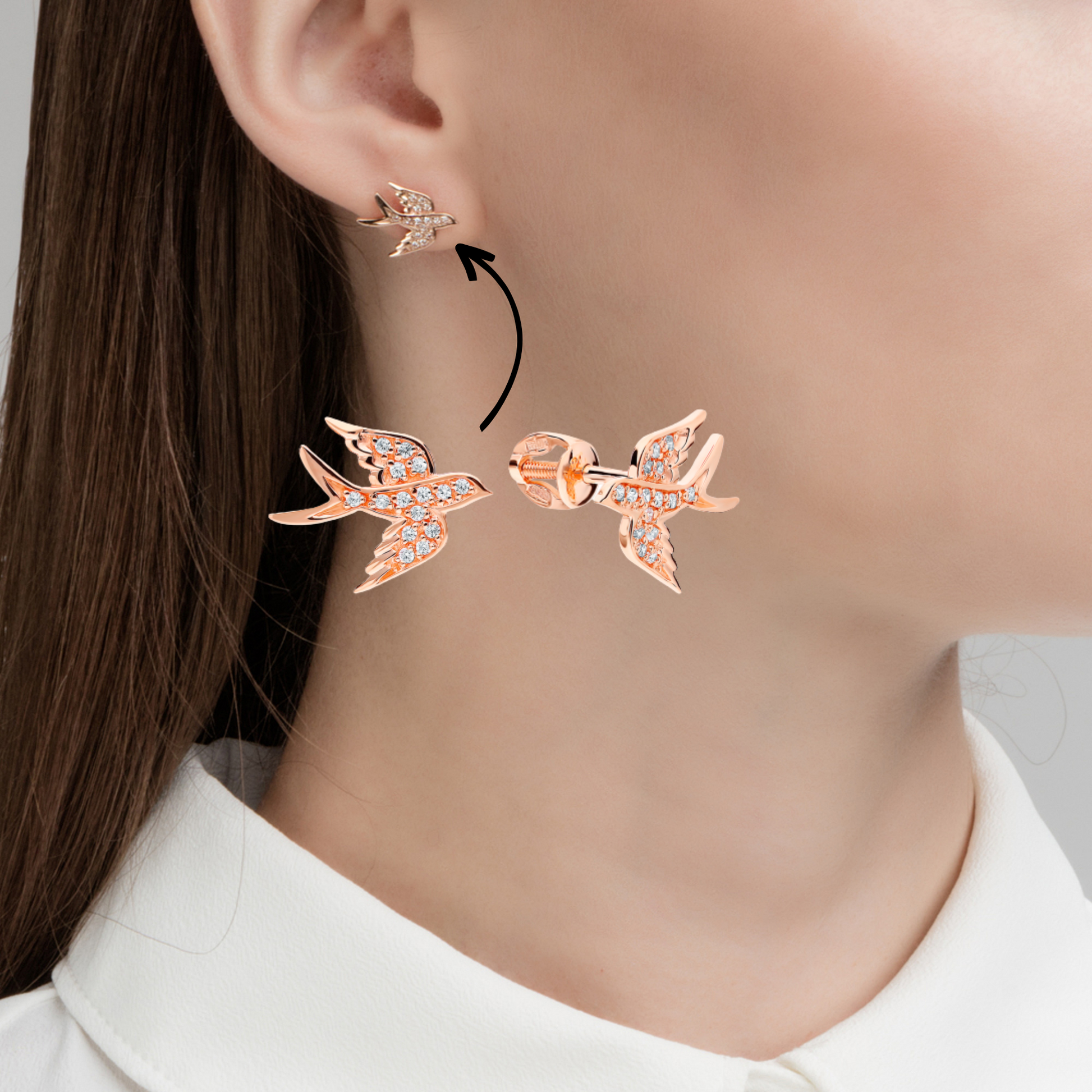 14k Gold Swallow Bird Stud, Diamond Bird Stud, Sparrow Earrings, Art Deco Earrings. Cushionblue
