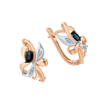 14K Rose Gold Diamond Floral Hoop | Blue Sapphire Bridal Earrings | Sapphire Flower Latch Back Earrings | Gift For Her. Cushionblue