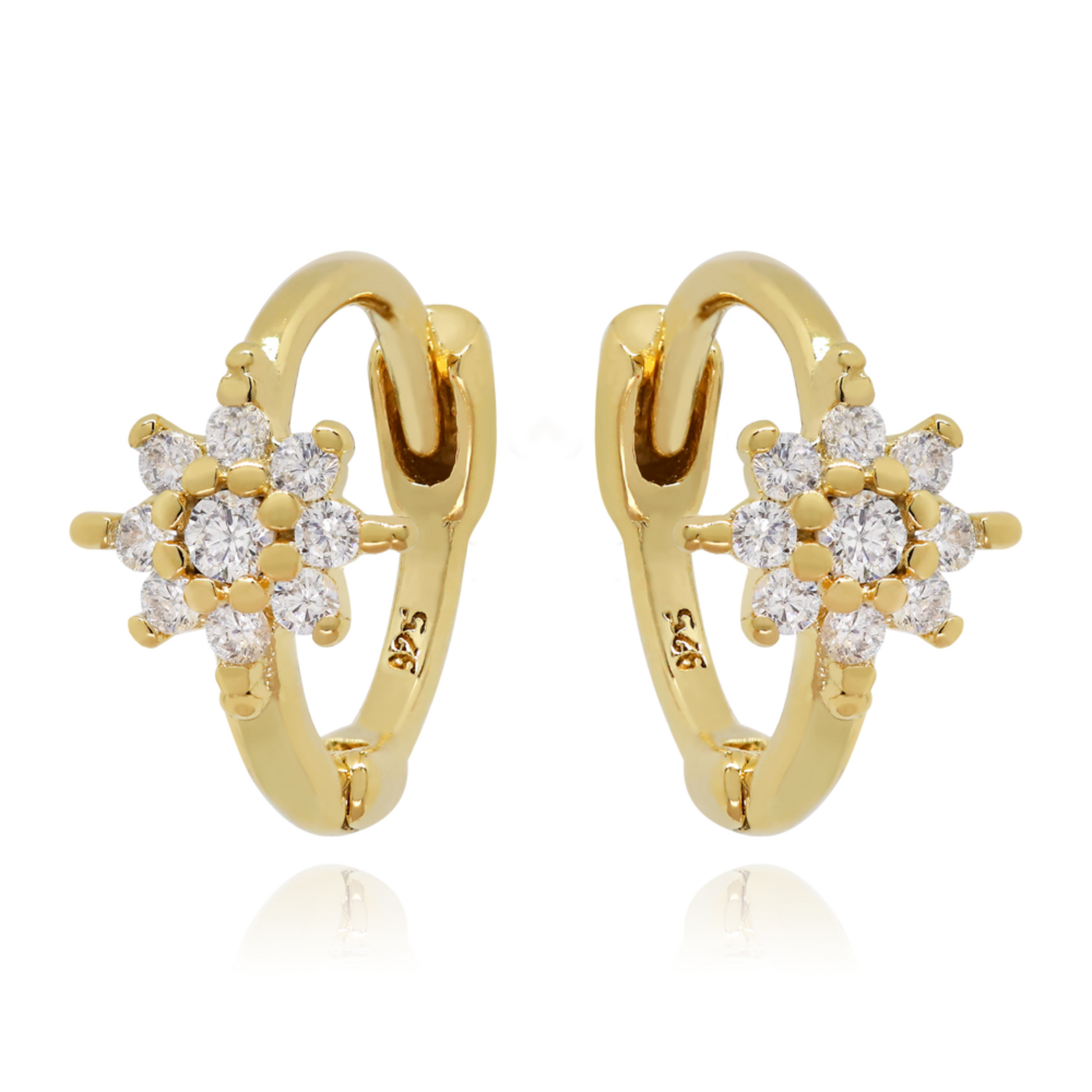 14K Gold Tiny Flower Huggie Hoop Earring, (0.20ct) Dainty Hoop Earring. Cushionblue