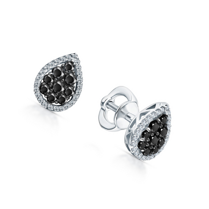 14K Gold Black Diamond Teardrop Earrings, Pear-Shaped Halo Studs for Women. Cushionblue
