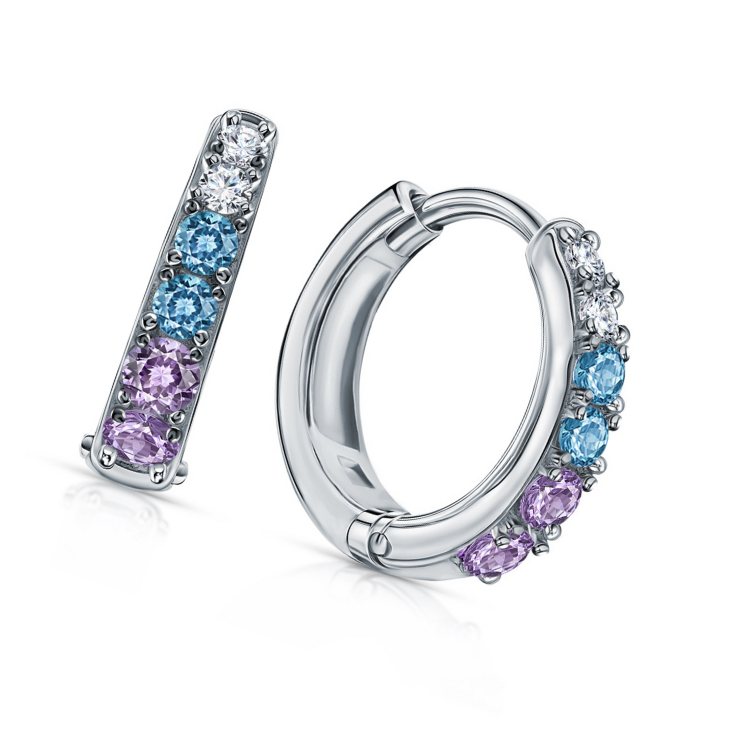 14k Gold Multi Color Stone Huggie Hoop, Sterling  Silver Diamond Hoop Earring. Cushionblue
