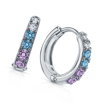 14k Gold Multi Color Stone Huggie Hoop, Sterling  Silver Diamond Hoop Earring. Cushionblue