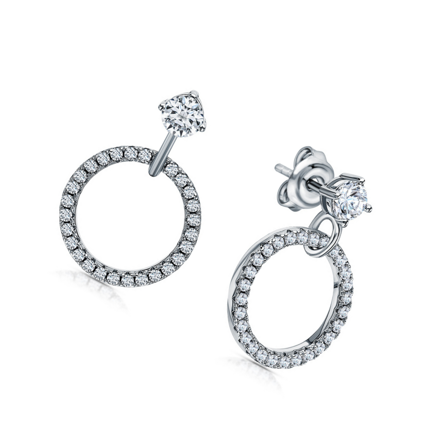 14K White Gold Diamond Cluster Circle Drop Earrings | Geometric Dangle Studs | Open Circle Earrings | Modern Wedding Jewelry | Gift for Women. Cushionblue
