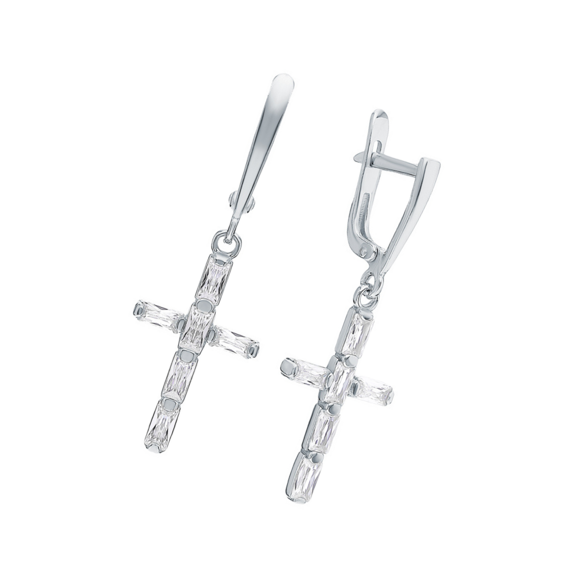 Elegant Cross Dangle Earrings, Baguette Diamonds, 14K White Gold Huggie Hoop. Cushionblue