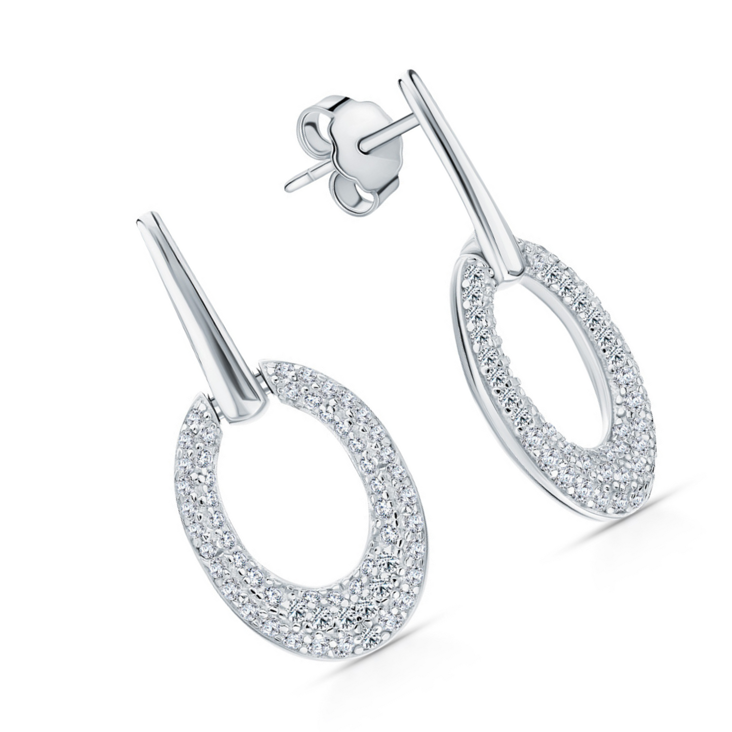 14K White Gold Oval Diamond Stud Earrings | Pave Dangle Ear Charms | Sparkling Snow Drop Earrings  |Unique Wedding Jewelry | Gift for Her. Cushionblue