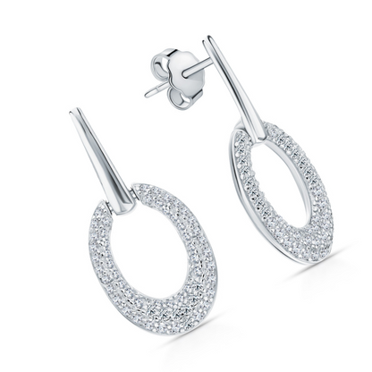14K White Gold Oval Diamond Stud Earrings | Pave Dangle Ear Charms | Sparkling Snow Drop Earrings  |Unique Wedding Jewelry | Gift for Her. Cushionblue