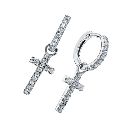 Luxury Diamond Cross Dangle Earrings – 14K Gold or Sterling Silver Huggie Hoops Cushionblue