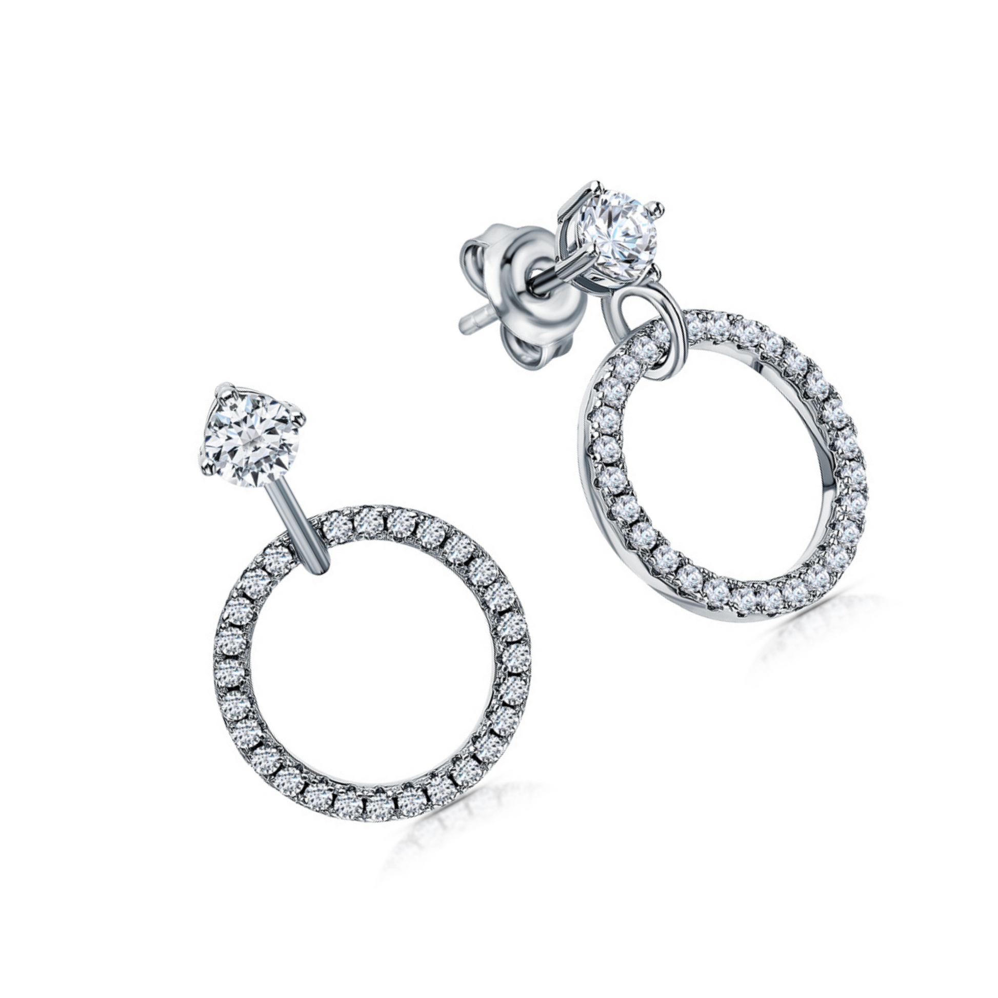 14K White Gold Diamond Cluster Circle Drop Earrings | Geometric Dangle Studs | Open Circle Earrings | Modern Wedding Jewelry | Gift for Women. Cushionblue