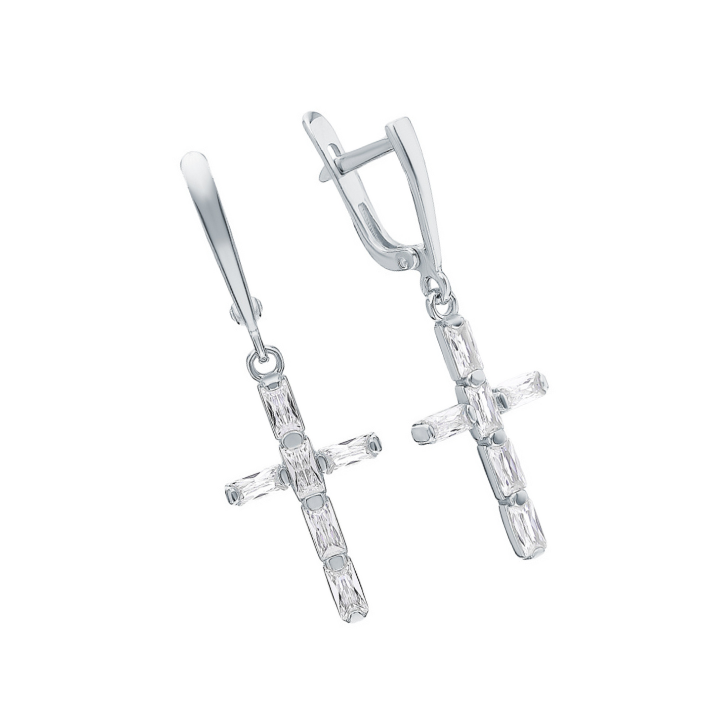 Elegant Cross Dangle Earrings, Baguette Diamonds, 14K White Gold Huggie Hoop. Cushionblue