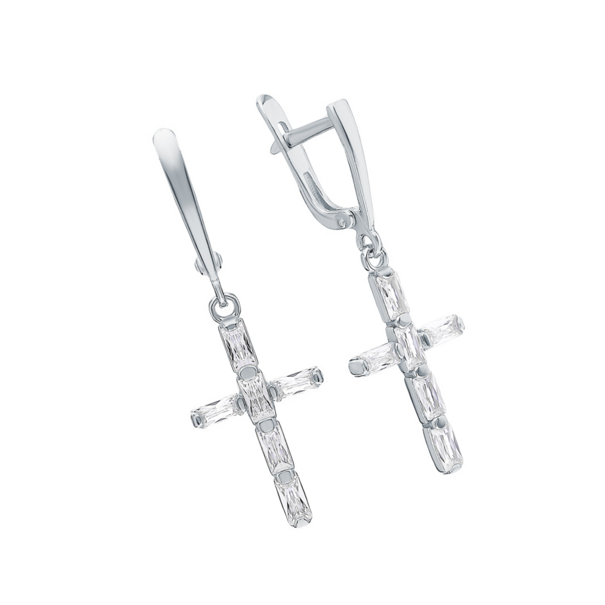 Elegant Cross Dangle Earrings, Baguette Diamonds, 14K White Gold Huggie Hoop. Cushionblue