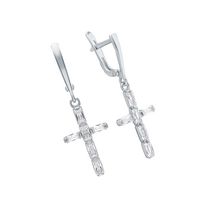 Elegant Cross Dangle Earrings, Baguette Diamonds, 14K White Gold Huggie Hoop. Cushionblue
