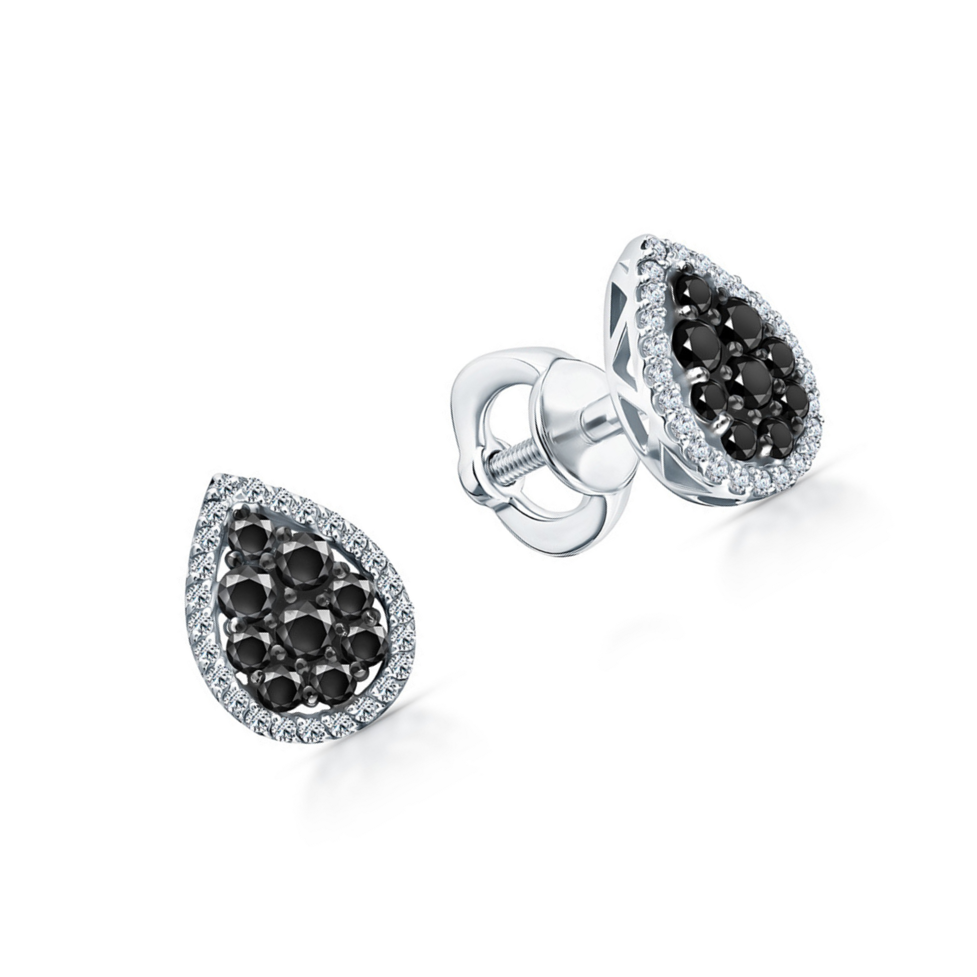 14K Gold Black Diamond Teardrop Earrings, Pear-Shaped Halo Studs for Women. Cushionblue