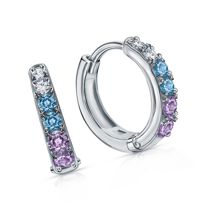 14k Gold Multi Color Stone Huggie Hoop, Sterling  Silver Diamond Hoop Earring. Cushionblue