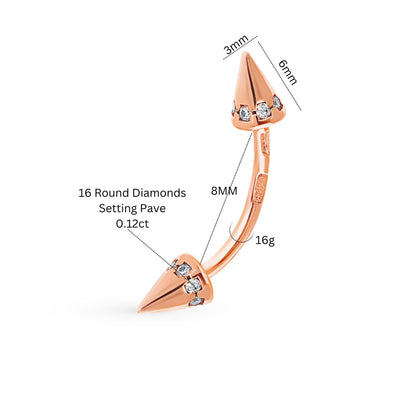 14k Gold Diamond (0.12ct) Spike Eyebrow Piercing,16g Curved barbell, Cone Rook Daith Barbell. Cushionblue