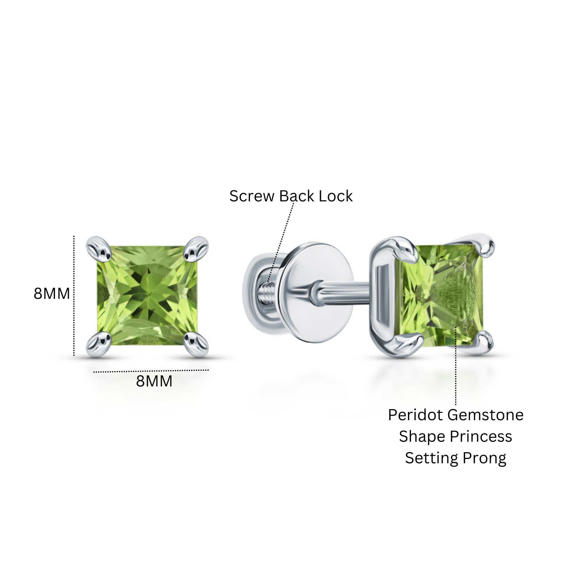 14K Gold Green Gemstone Studs | Princess Cut Chrysolite Peridot Stud Earrings |  Square Birthstone Earrings | Gift For Her. Cushionblue