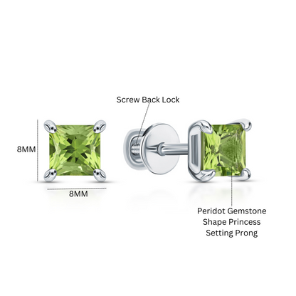 14K Gold Green Gemstone Studs | Princess Cut Chrysolite Peridot Stud Earrings |  Square Birthstone Earrings | Gift For Her. Cushionblue