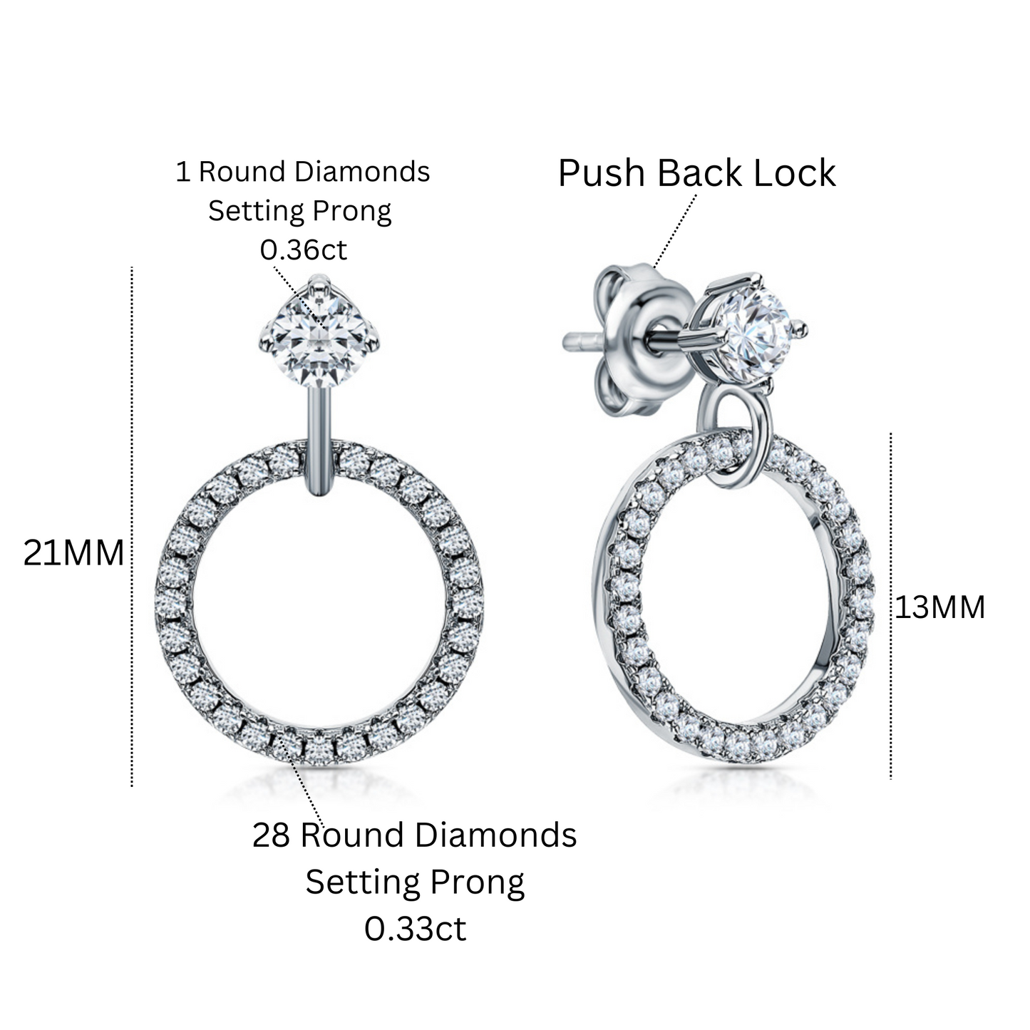 14K White Gold Diamond Cluster Circle Drop Earrings | Geometric Dangle Studs | Open Circle Earrings | Modern Wedding Jewelry | Gift for Women. Cushionblue
