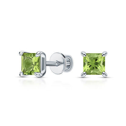 14K Gold Green Gemstone Studs | Princess Cut Chrysolite Peridot Stud Earrings |  Square Birthstone Earrings | Gift For Her. Cushionblue