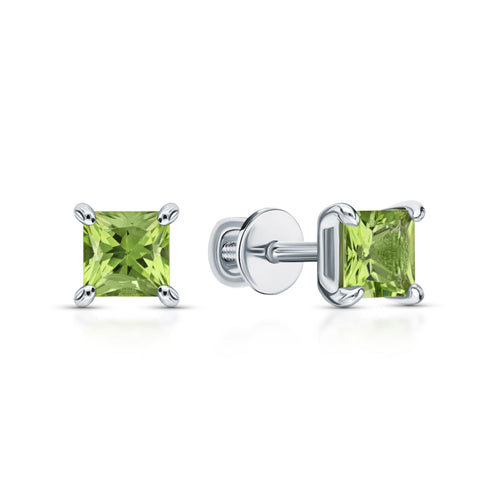 14K Gold Green Gemstone Studs | Princess Cut Chrysolite Peridot Stud Earrings |  Square Birthstone Earrings | Gift For Her. Cushionblue
